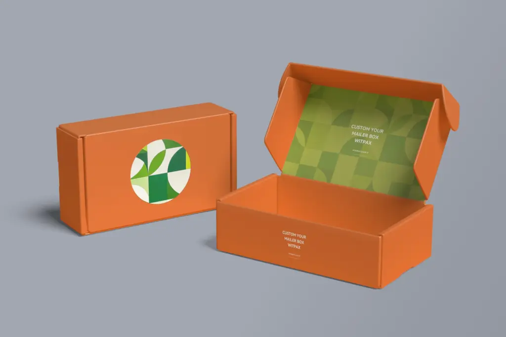 Two orange cardboard boxes, one open and one closed, on a gray background.
