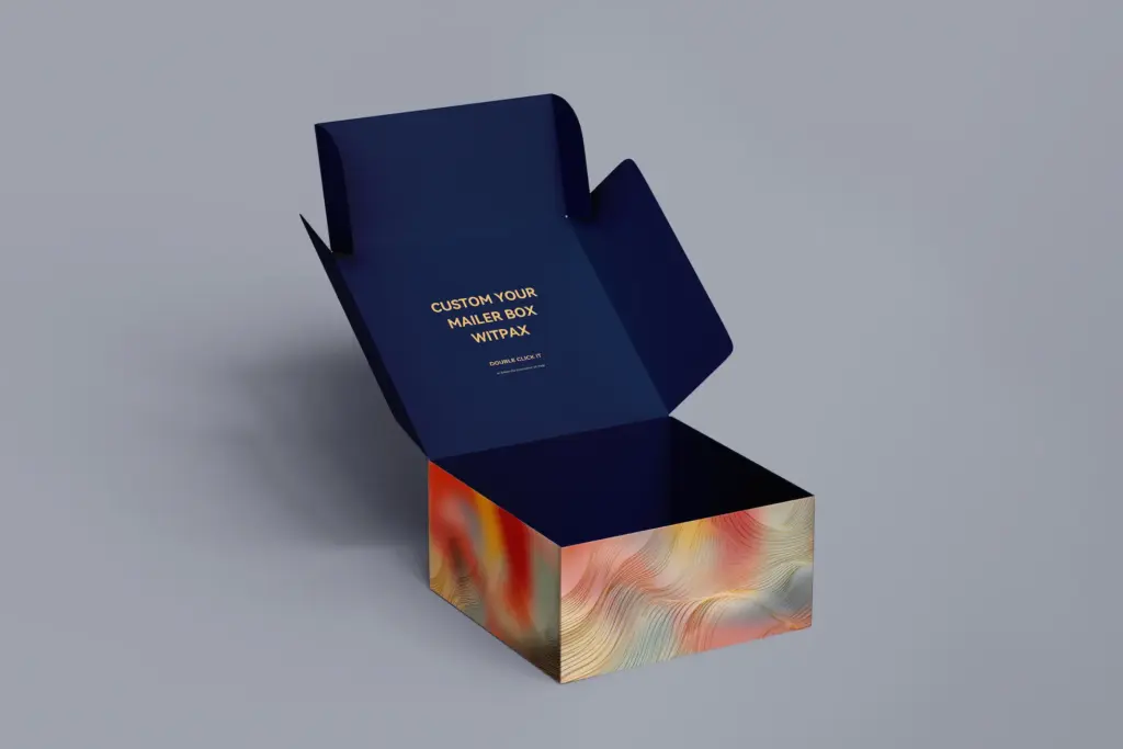 We are a manufacturer of custom box packaging. Please revise the following description to align with packaging terms and ensure it does not depict any text on the packaging: "Open custom mailer box featuring a dark blue lid, complemented by a colorful abstract wave pattern along the sides, reminiscent of an aurora.